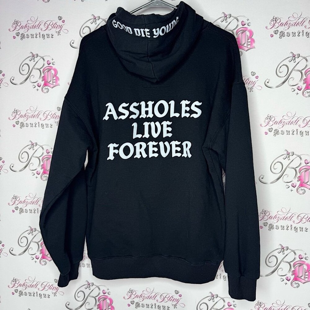 ALF assholes live forever good die young hoodie pull over Black Graphic sweater